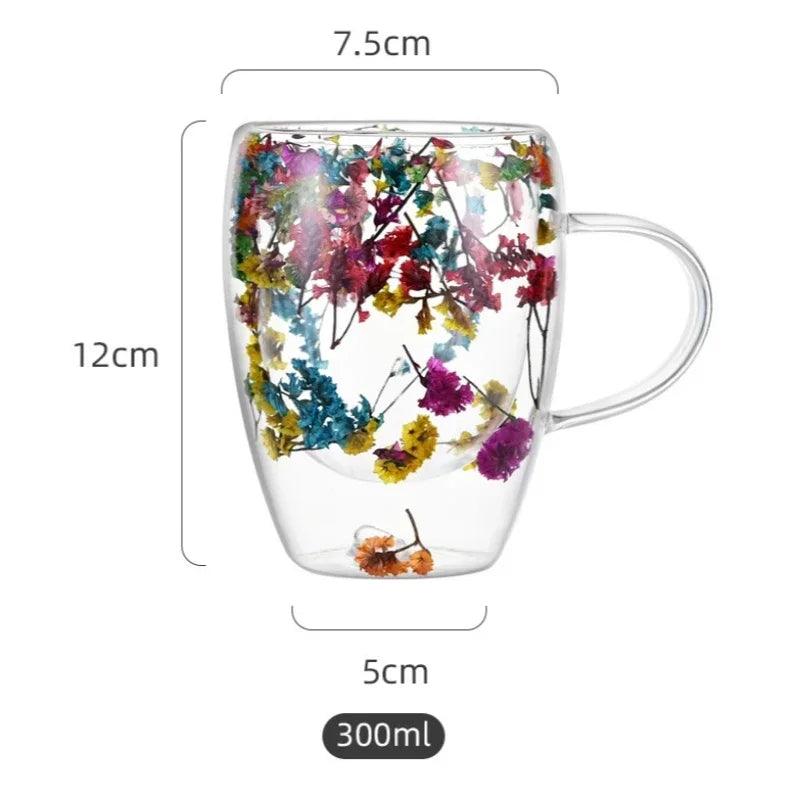 Caneca de Vidro com Flores e Parede Dupla 300ml