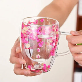 Caneca de Vidro com Flores e Parede Dupla 300ml