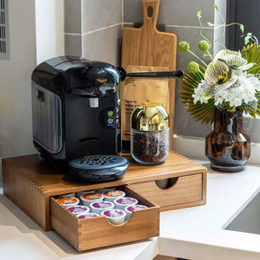 Organizador de cápsulas de café de madeira com gavetas duplas para armazenamento conveniente de cápsulas, mantenha suas cápsulas de café bem organizadas e facilmente