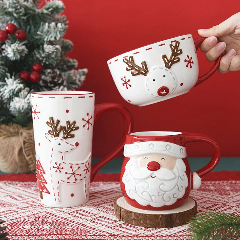 Caneca cerâmica nórdica do Papai Noel, Padrão dos desenhos animados, Mousse de Natal, Home Breakfast Sobremesa Leite Caneca para Crianças, Presente de Natal