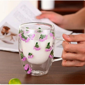 Caneca de Vidro com Flores e Parede Dupla 300ml