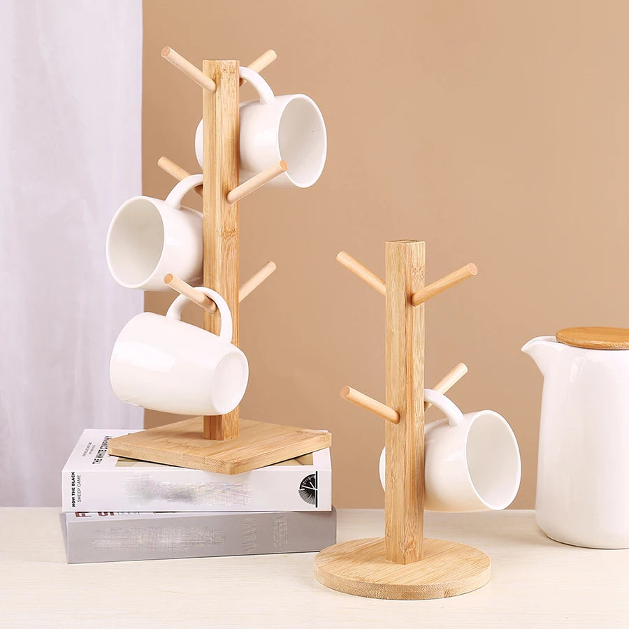 Árvore Stylish Bamboo Caneca Titular, 6-Hook Coffee Cup e Tea Cup Organizer, Space Saving Bar Acessório, 1pc