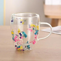 Caneca de Vidro com Flores e Parede Dupla 300ml