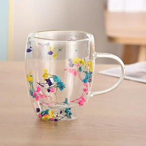 Caneca de Vidro com Flores e Parede Dupla 300ml