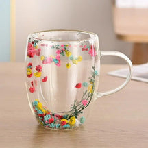 Caneca de Vidro com Flores e Parede Dupla 300ml