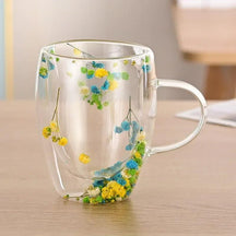 Caneca de Vidro com Flores e Parede Dupla 300ml