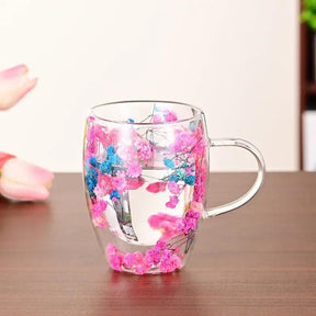 Caneca de Vidro com Flores e Parede Dupla 300ml