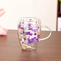 Caneca de Vidro com Flores e Parede Dupla 300ml