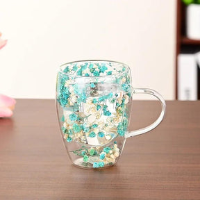 Caneca de Vidro com Flores e Parede Dupla 300ml