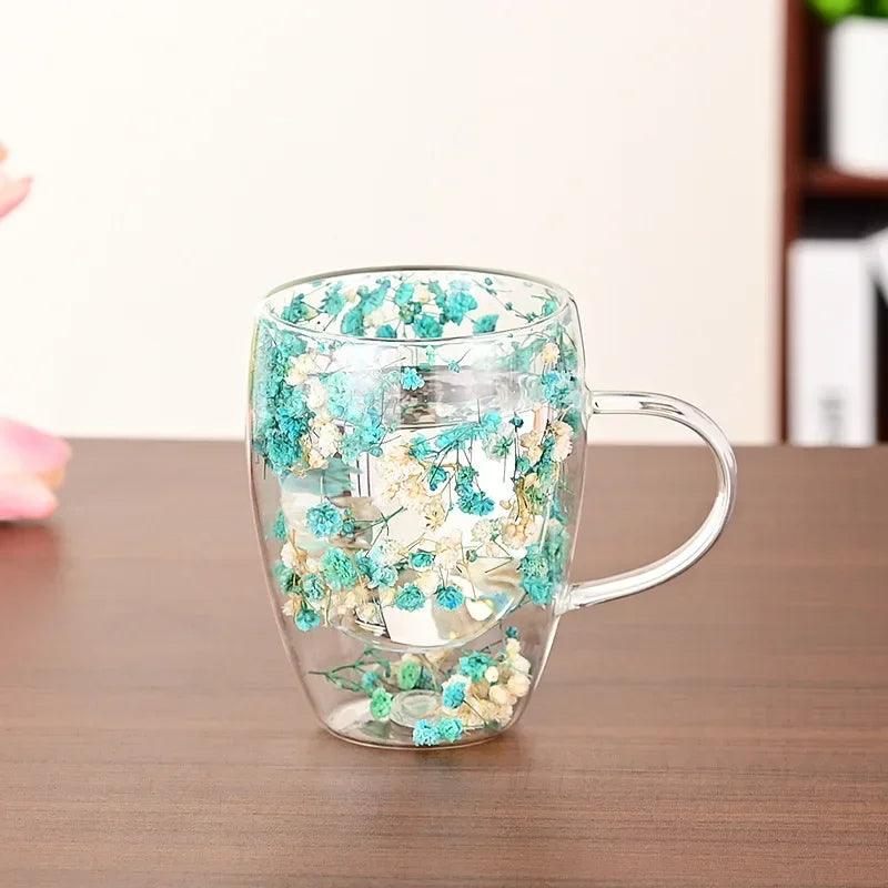 Caneca de Vidro com Flores e Parede Dupla 300ml