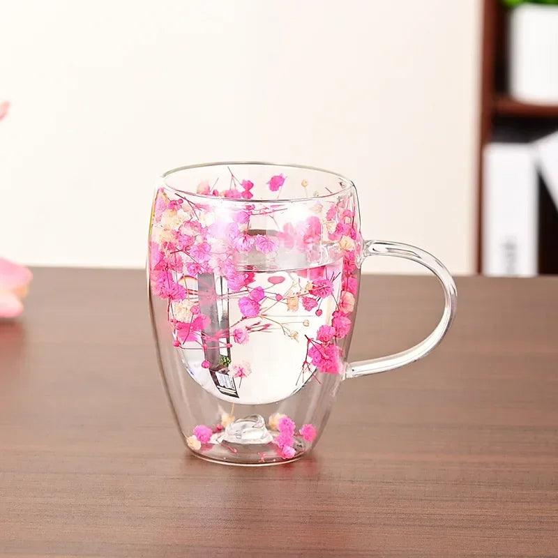 Caneca de Vidro com Flores e Parede Dupla 300ml