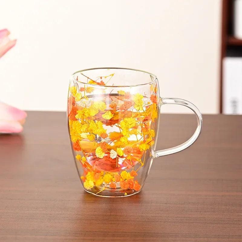 Caneca de Vidro com Flores e Parede Dupla 300ml